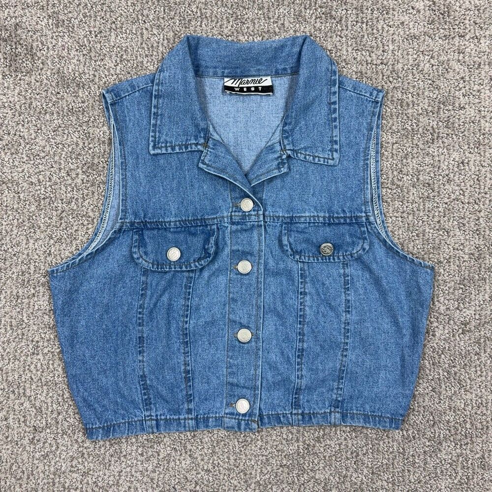 Vintage Marnie West Vest Women Small Blue Denim Button Collared Crop 90s Western
